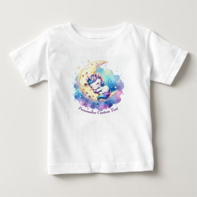 T-shirt Pour Bébé Personnalisé Cute Baby Unicorn Dormir sur la Lune (Devant)
