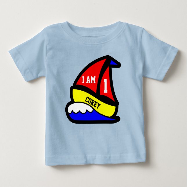 T-shirt Pour Bébé Personnalisé "j'ai 1ans avec le bateau navigué (Devant)