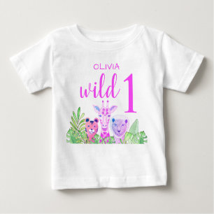 T-shirt Pour Bébé Personnalisé Nom Fille Rose Wild One Jungle Animau