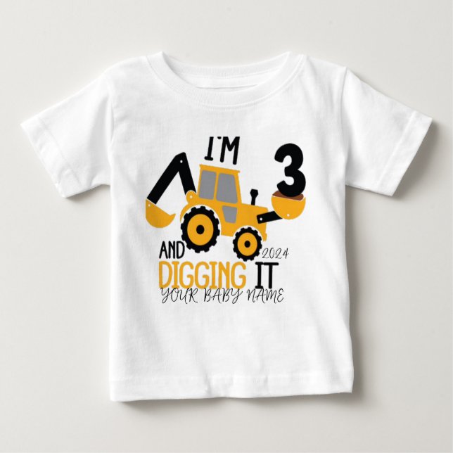 T-shirt Pour Bébé Personnalisé Trois 3e Anniversaire Construction (Devant)