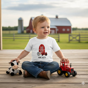 T-shirt Pour Bébé Personnaliser ferme grange et tracteur rouge mange