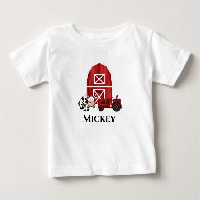 T-shirt Pour Bébé Personnaliser ferme grange et tracteur rouge mange (Devant)