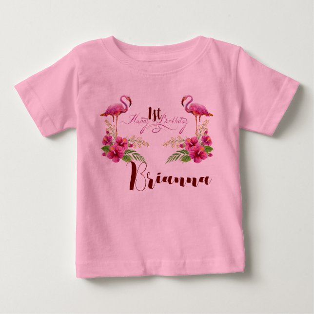 T-shirt Pour Bébé Personnaliser Flamant Hibiscus Rose Anniversaire F (Devant)