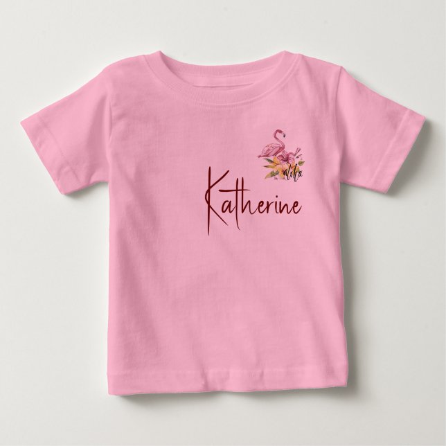 T-shirt Pour Bébé Personnaliser le Flamant rose avec les fleurs trop (Devant)