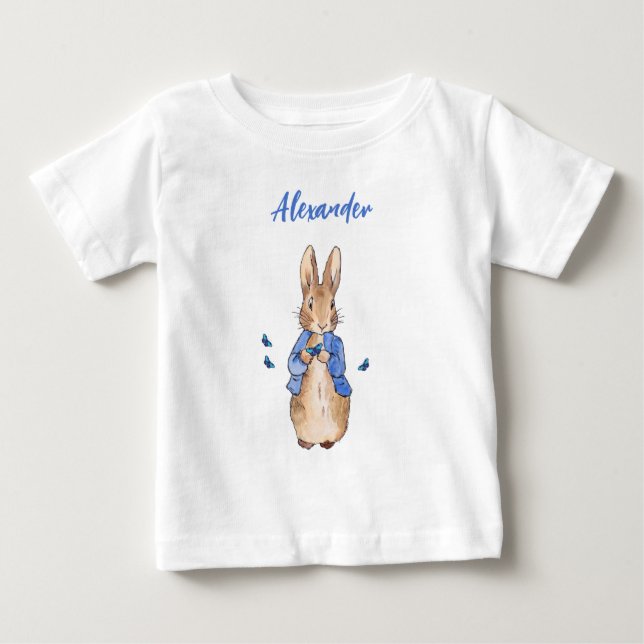T-shirt Pour Bébé Personnaliser Nom Pierre le lapin papillons bleus (Devant)