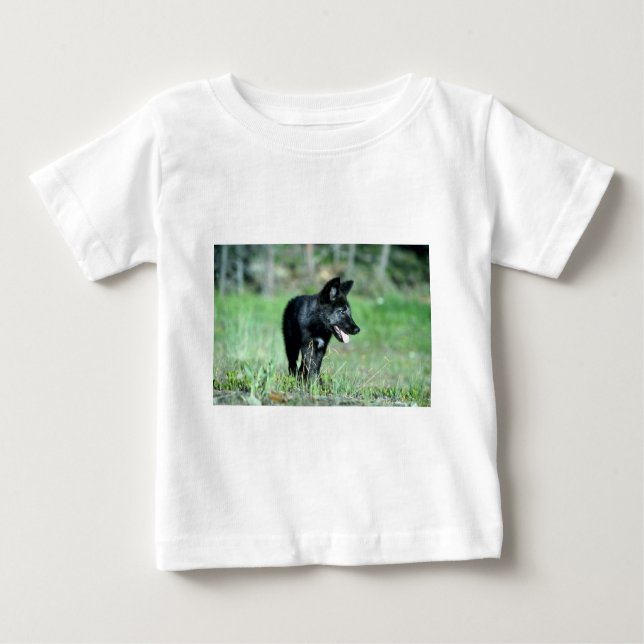 T-shirt Pour Bébé Petit animal gris de Loup-été (noir-phase) (Devant)