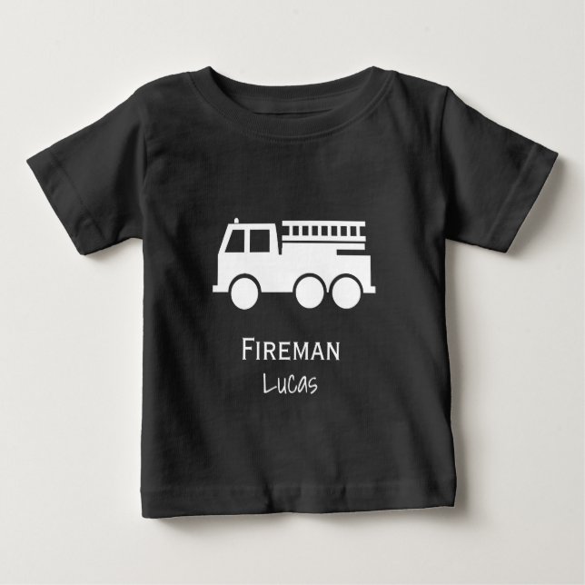 T-shirt Pour Bébé Petit Camion-feu Garçon avec nom Noir et Blanc (Devant)