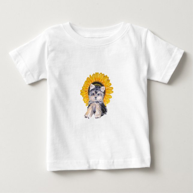 T-shirt Pour Bébé Petit chiot du Yorkshire mignon chien & tournesol  (Devant)