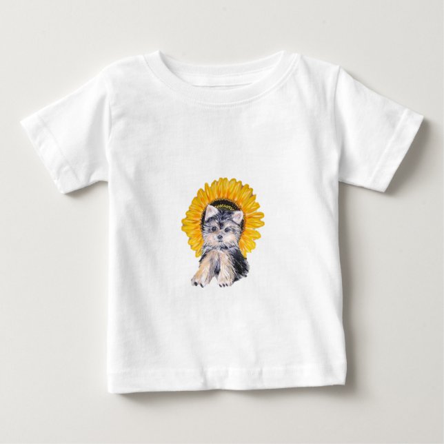 T-shirt Pour Bébé Petit chiot du Yorkshire mignon chien & tournesol  (Devant)