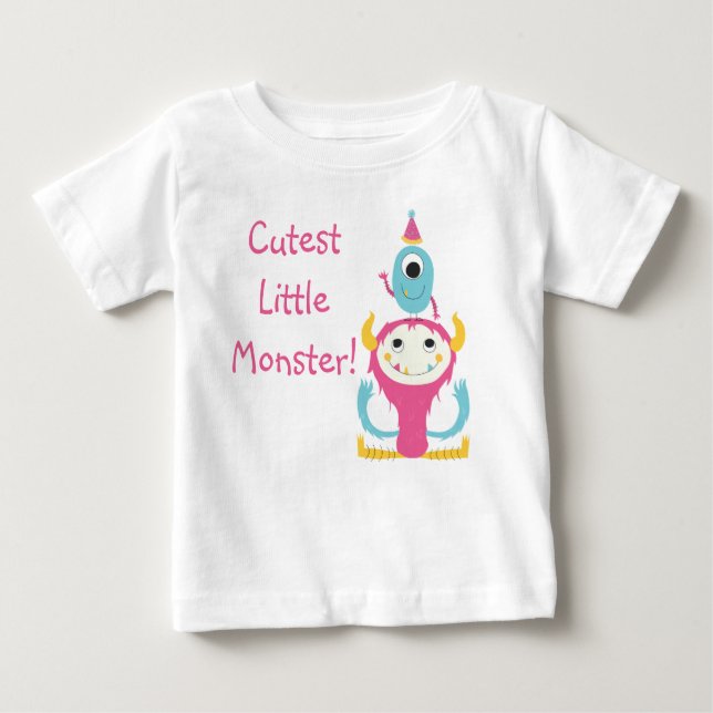 T-shirt Pour Bébé Petit Monstre Cutest Anniversaire Casquette rose b (Devant)