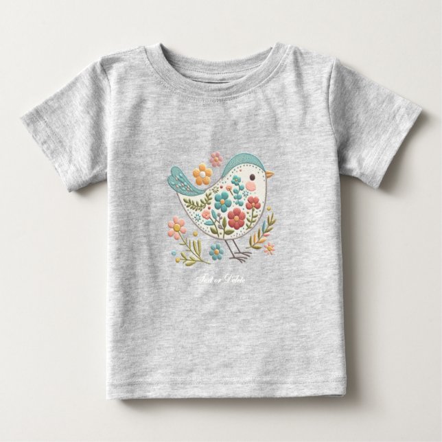 T-shirt Pour Bébé Petit Oiseau Fleurs Bleues Roses T-Shirt Bébé (Devant)