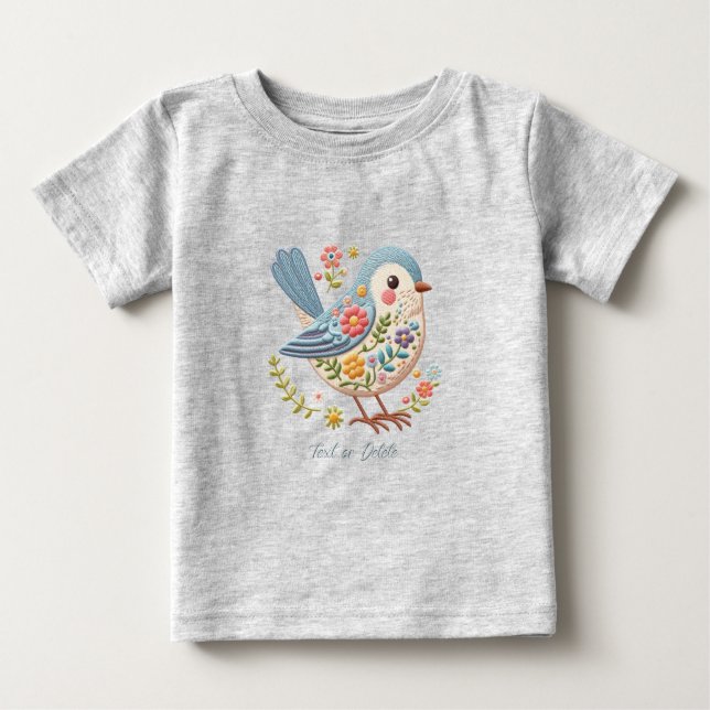 T-shirt Pour Bébé Petit Oiseau Floral Bleu T-Shirt Bébé (Devant)
