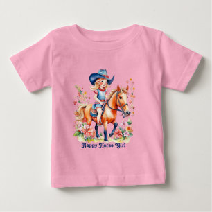 T-shirt Pour Bébé Petite fille à cheval avec fleurs Joyeuse fille à