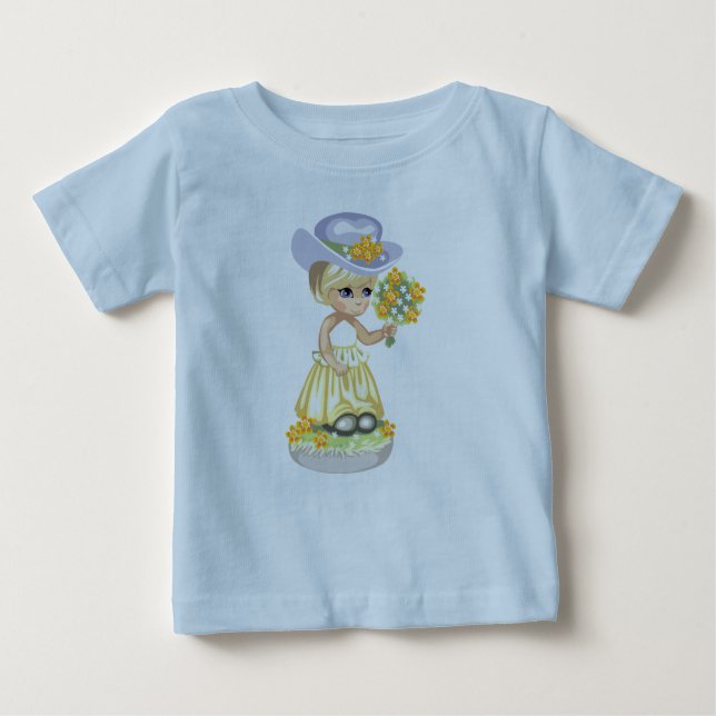 T-shirt Pour Bébé Petite fille en robe de Pâques Jaune tenant des fl (Devant)