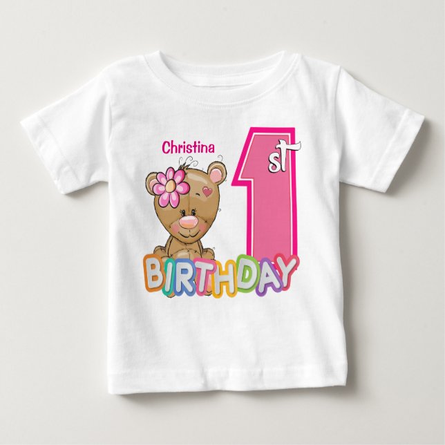 T-shirt Pour Bébé Petite fille premier anniversaire Teddy Bear (Devant)