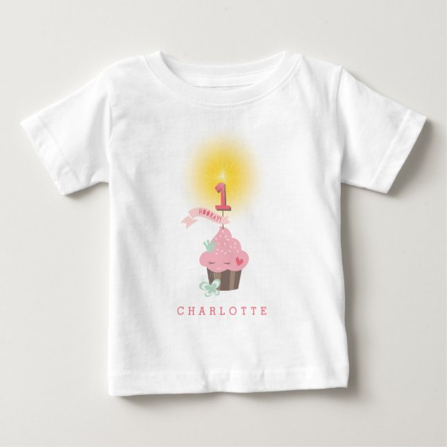 T-shirt Pour Bébé Petite Miss Pink Cupcake Fille 1er anniversaire (Devant)