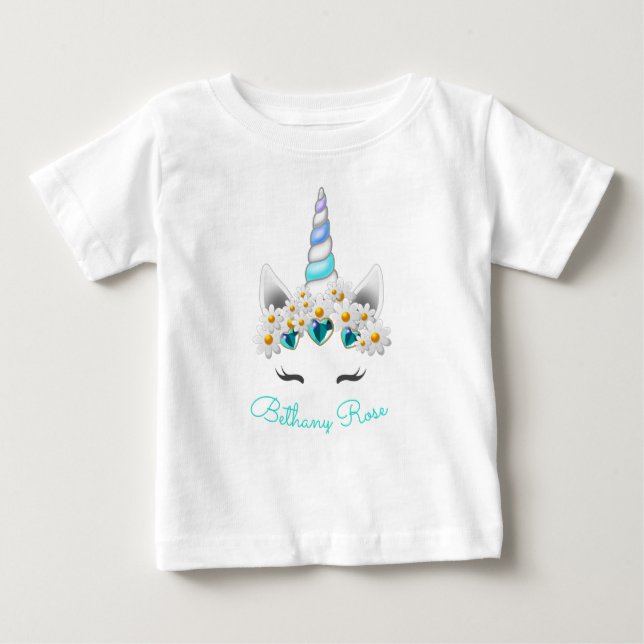 T-shirt Pour Bébé Petite Princesse Unicorne Turquoise Bijoux Fleurs (Devant)