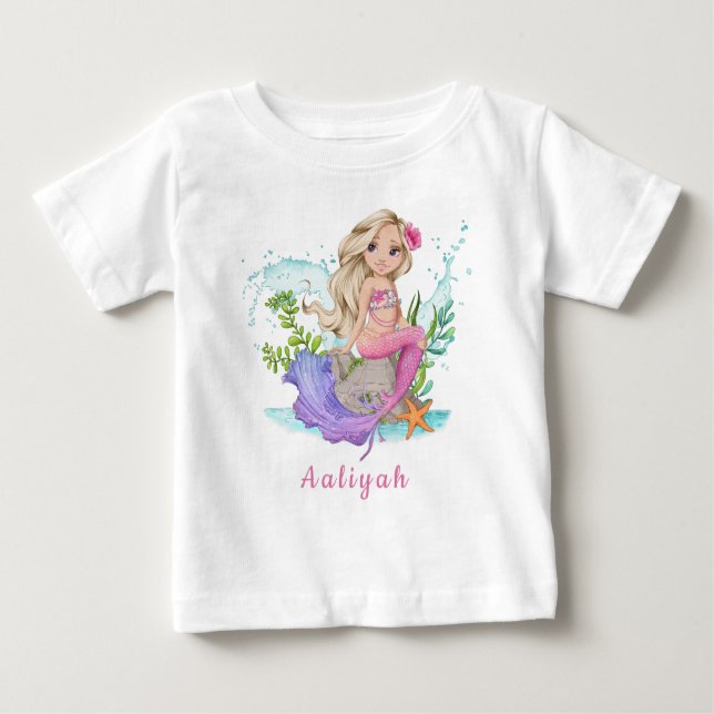 T-shirt Pour Bébé Petite sirène blonde rose personnalisée (Devant)