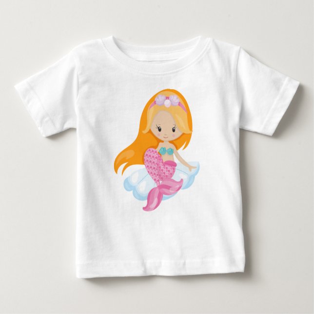 T-shirt Pour Bébé Petite Sirène, Mignonne Sirène, Cheveux Orange, Co (Devant)