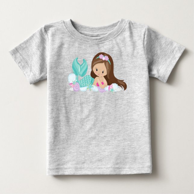 T-shirt Pour Bébé Petite Sirène, Mignonne Sirène, Coques, Cheveux Br (Devant)