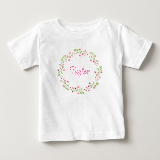 T-shirt Pour Bébé Petites fleurs roses Aquarelle Wreath (Devant)