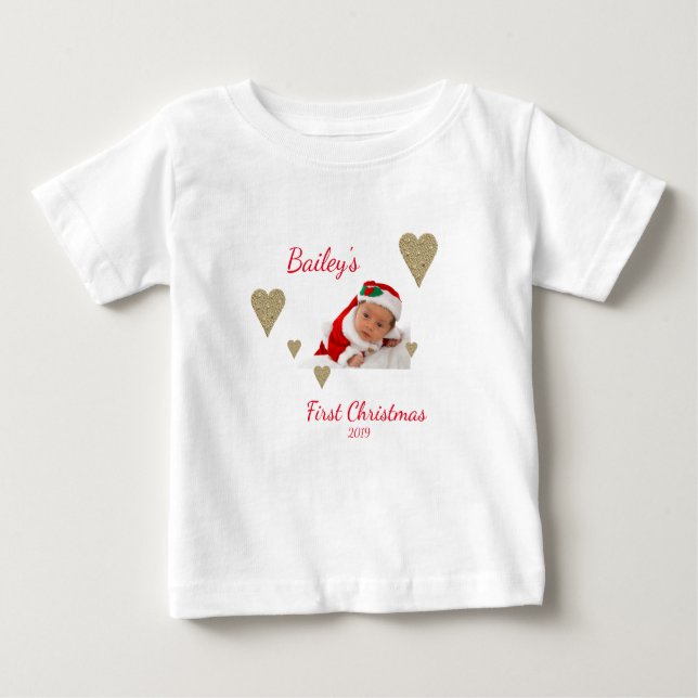 T-shirt Pour Bébé Photo de bébé de Noël Gold Heart (Devant)