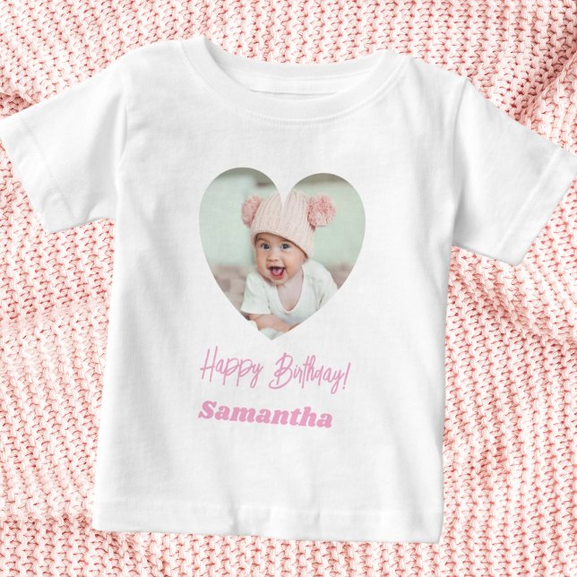 T-shirt Pour Bébé Photo heart name birthday girl pink (Créateur téléchargé)