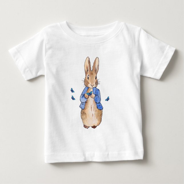 T-shirt Pour Bébé Pierre le lapin aux papillons bleus (Devant)