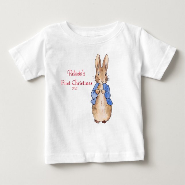 T-shirt Pour Bébé Pierre le lapin Personnalisez le premier Noël (Devant)