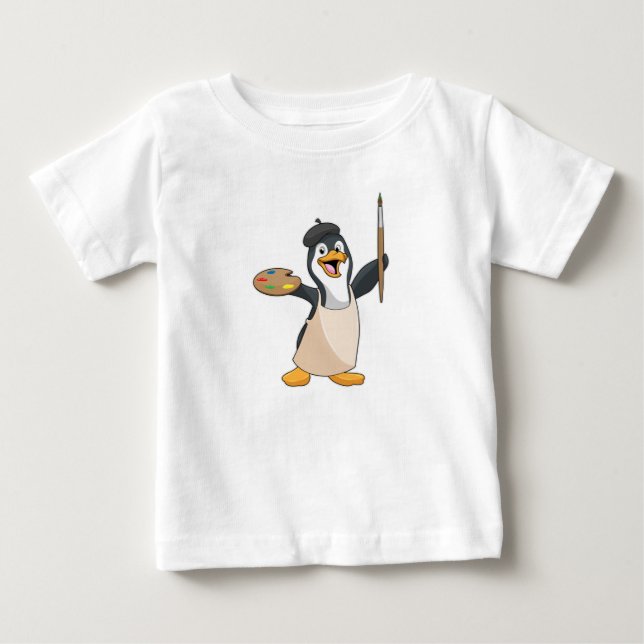 T-shirt Pour Bébé Pingouin as Painter with Paint brush & Colour (Devant)
