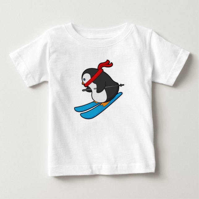 T-shirt Pour Bébé Pingouin comme skieur avec ski (Devant)