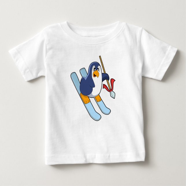 T-shirt Pour Bébé Pingouin comme skieur avec ski (Devant)