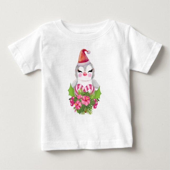 T-shirt Pour Bébé Pingouin de Noël mignon à Santa Hat (Devant)