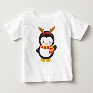 T-shirt Pour Bébé Pingouin de Noël, Pingouin Avec Écharpe, Antlers