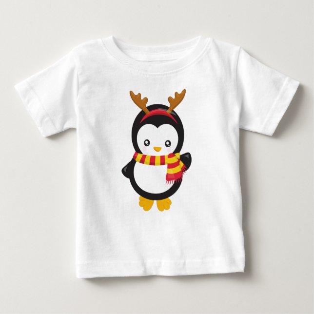 T-shirt Pour Bébé Pingouin de Noël, Pingouin Avec Écharpe, Antlers (Devant)