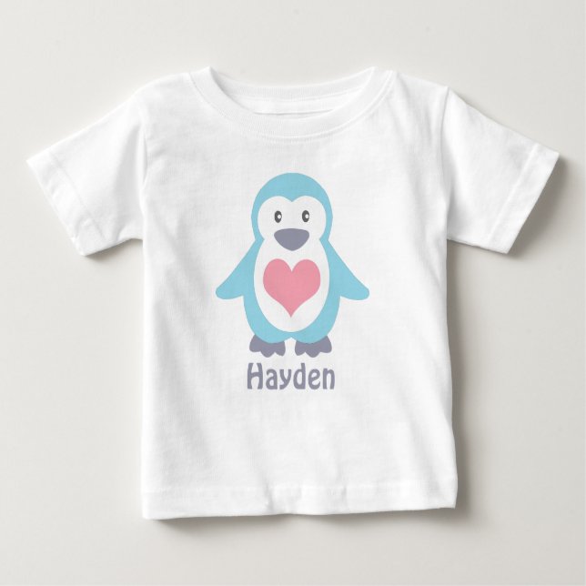 T-shirt Pour Bébé Pingouin mignon et Coeur rose Personnalisé (Devant)