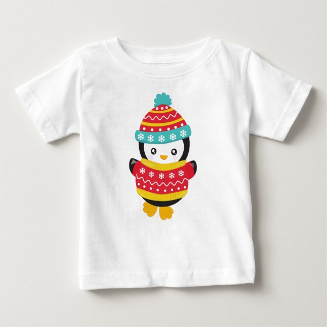 T-shirt Pour Bébé Pingouin mignon, Pingouin avec pull, Casquette (Devant)