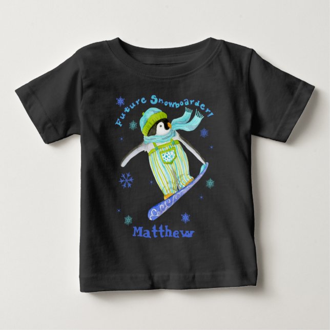 T-shirt Pour Bébé Pingouins en jeu, Snowboarder, T-shirt bébé (Devant)