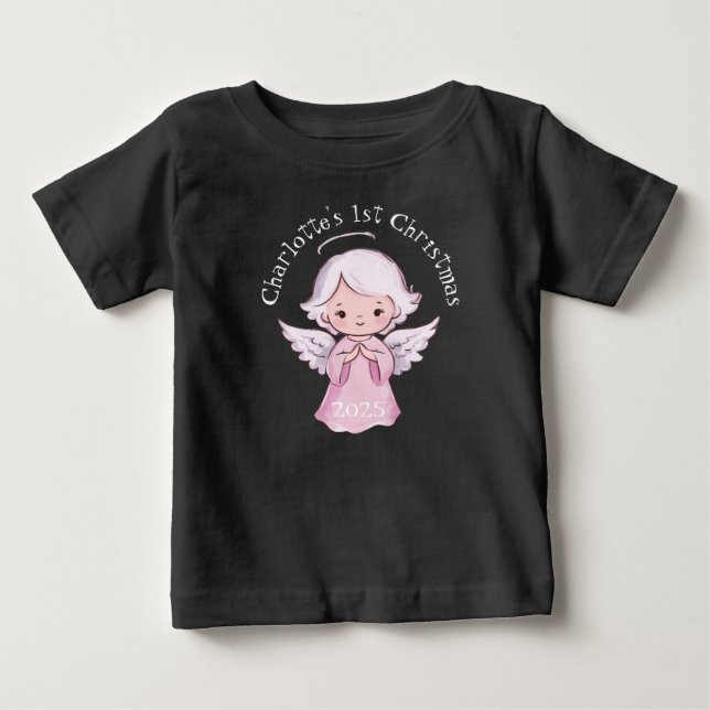 T-shirt Pour Bébé Pink 1st Christmas Girls Angel Cute 2025 Black (Devant)