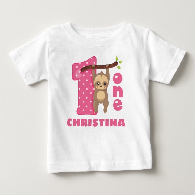 T-shirt Pour Bébé Pink Baby Sloth 1er anniversaire (Devant)