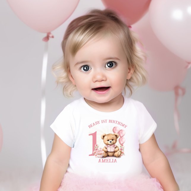 T-shirt Pour Bébé Pink Beary 1er anniversaire fille T-shirt bébé (Pink Beary 1st Birthday Girl Baby T-shirt)