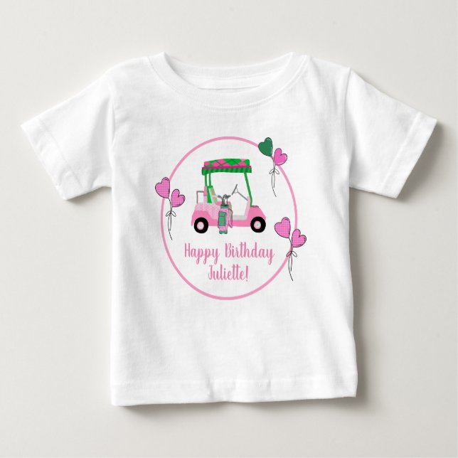 T-shirt Pour Bébé Pink & Green Golf Thème Fête Personnalisée (Devant)