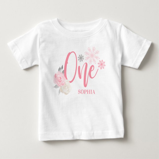 T-shirt Pour Bébé Pink Grey Floral Winter ONE derland 1er anniversai (Devant)