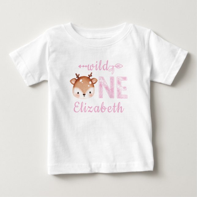 T-shirt Pour Bébé Pink WILD PERSONNALISÉ UN Cerf Premier anniversair (Devant)