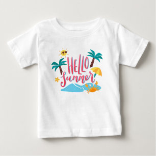 T-shirt Pour Bébé Plage - Bonjour été avec palmiers et crabes