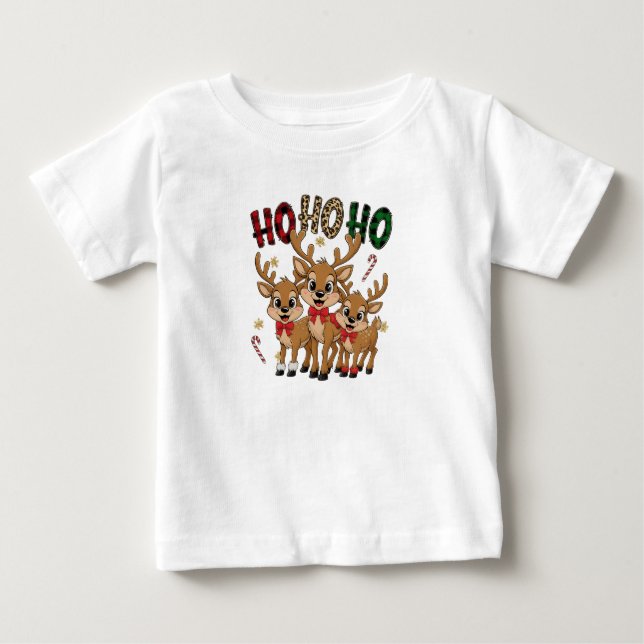 T-shirt Pour Bébé Plaid & Leopard Ho Ho Ho Reindeer Kids Christmas (Devant)