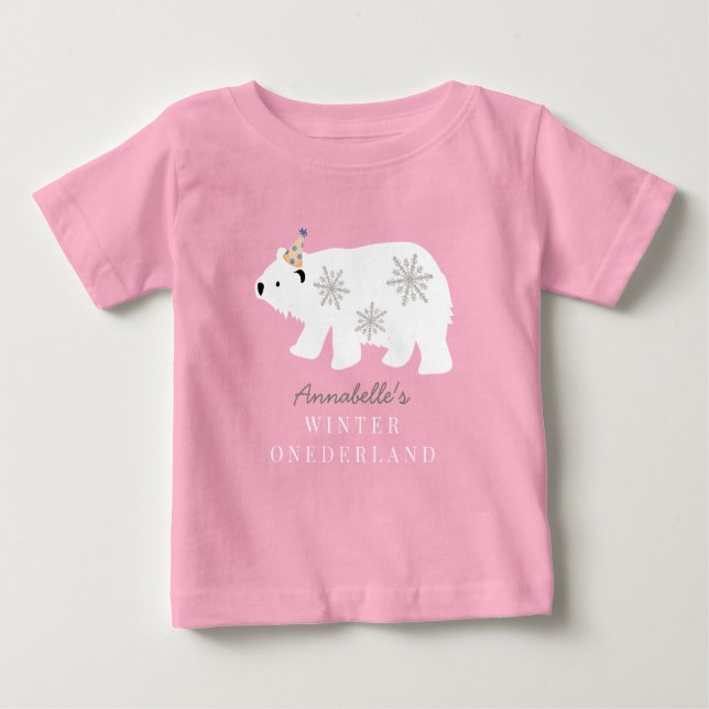 T-shirt Pour Bébé Polar Bear Hiver Onederland Rose 1er Anniversaire (Devant)