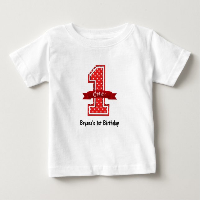T-shirt Pour Bébé Polka rouge et blanc point 1 fête d'anniversaire (Devant)