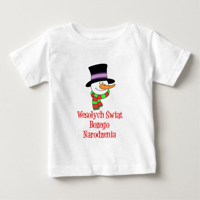 T-shirt Pour Bébé Polonais Joyeux bonhomme de neige de Noël (Devant)