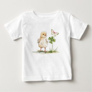 T-shirt Pour Bébé Poussin à l'aquarelle avec trèfle à quatre feuille